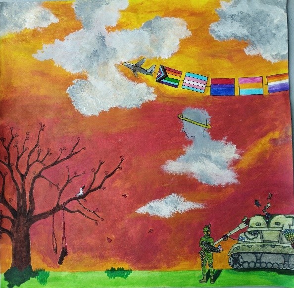 Grüne Wiese mit einem Panzer, einem Soldaten, einem wenig belaubten Baum mit kaputter Schaukel-auf einem Ast sitzt ein weißer Vogel, vor einem blutrot / orangen Himmel mit einigen Wolken deren Formen an Friedenstauben erinnern und einem menschlichen Profil mit Nymbus - durch den Himmel fliegt von rechts nach links ein Flugzeug mit verschiedenen Fantasie Fahnen