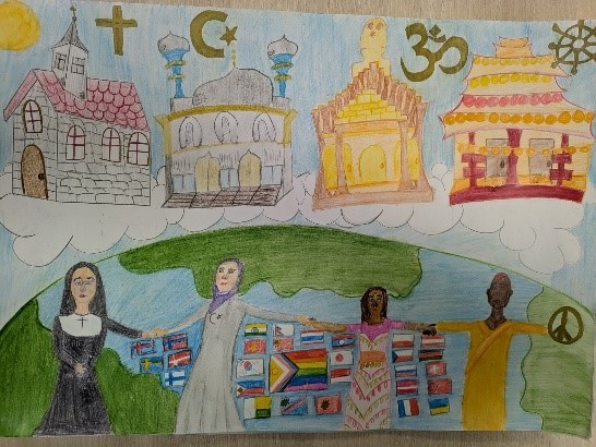 Darstellung einer Weltkugel (Ausschnitt) mit einem wolkigen Himmel. Im Himmel sind von links nach rechts 4 Gotteshäuser/Tempel gemalt, christlich, jüdisch, islamistisch und buddhistisch. Auf der Erde entsprechend darunter eine Nonne, ein Rabbi, ein Imam und ein buddhistischer Mönch, die sich an den Händen halten. Alle Figuren und Gebäude sind gleich groß.