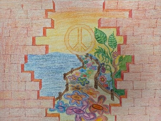 Mauer aus roten Ziegeln - in der Mitte durchbrochen dahinter regenbogenfarbener Himmel mit zentralen PEACE Zeichen. weiter unten mit Gartenblumen