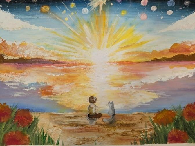 Junge und Katze am Ufer eines Gewässers, Sonnenaufgang oder -untergang, Wolken und Lichter im Himmel